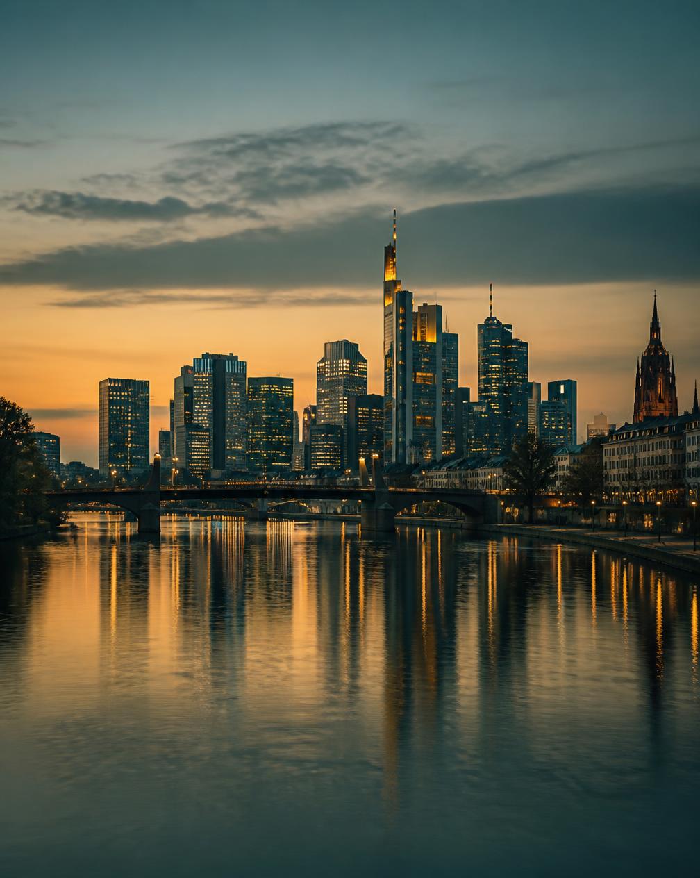 Blick über den Main auf die Frankfurter Skyline in der Abenddämmerung.